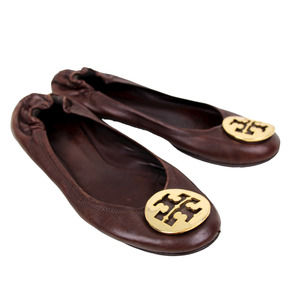 TORY BURCH BROWN GENUINE LEATHER COMFORTABLE ELASTIC SLIP ON FLAT SHOES Sz 8.5